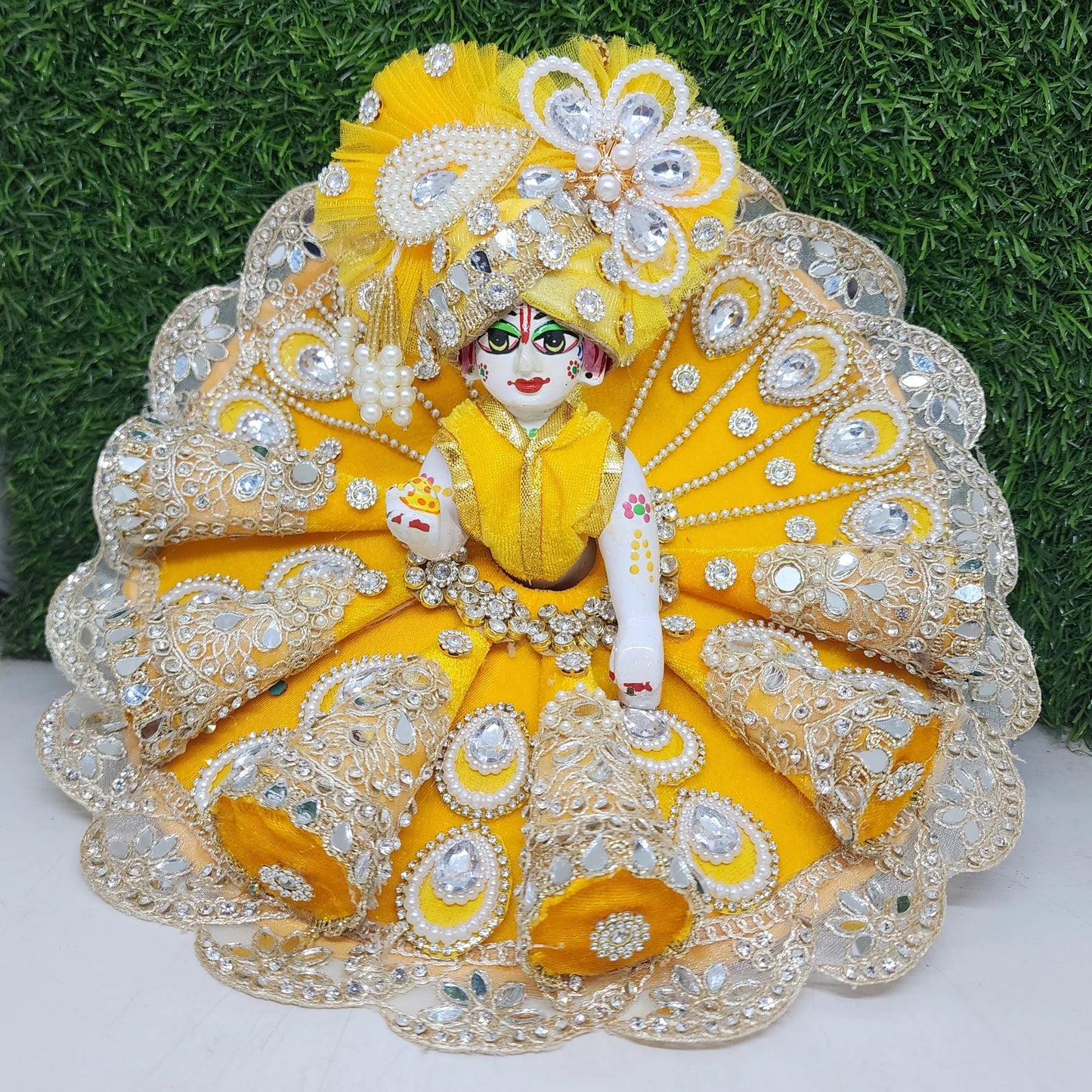 Yellow Premium Floral Cotton Laddu Gopal ji Dress with Matching Pagdi